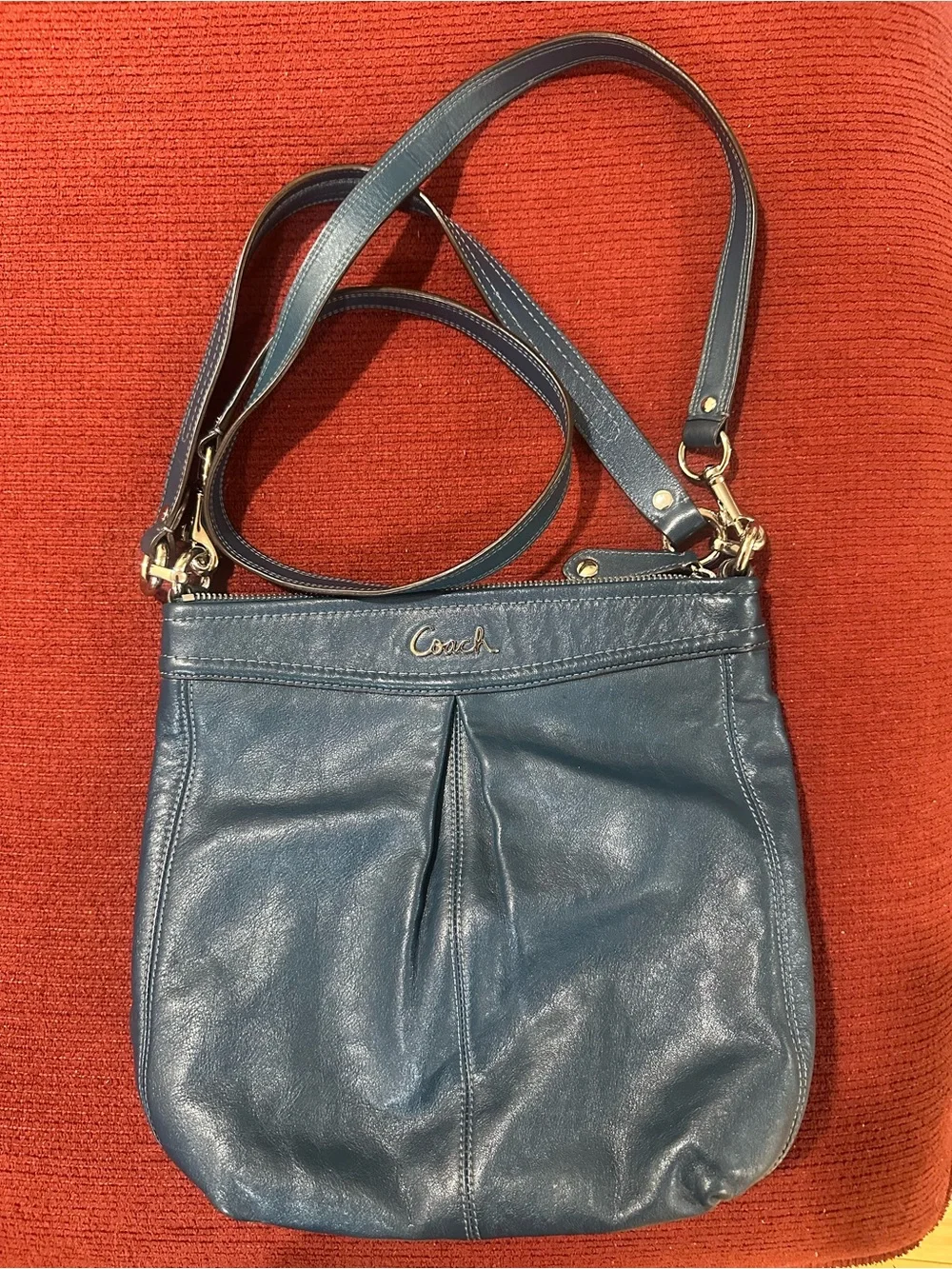 Coach Teal Blue Leather Pleated Crossbody Bag